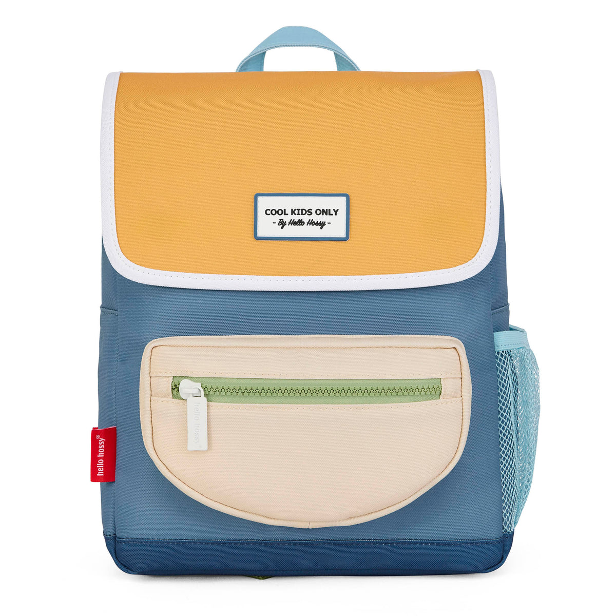 mochila infantil azul e amarela com bolso bege, patch Cool Kids Hello Hossy