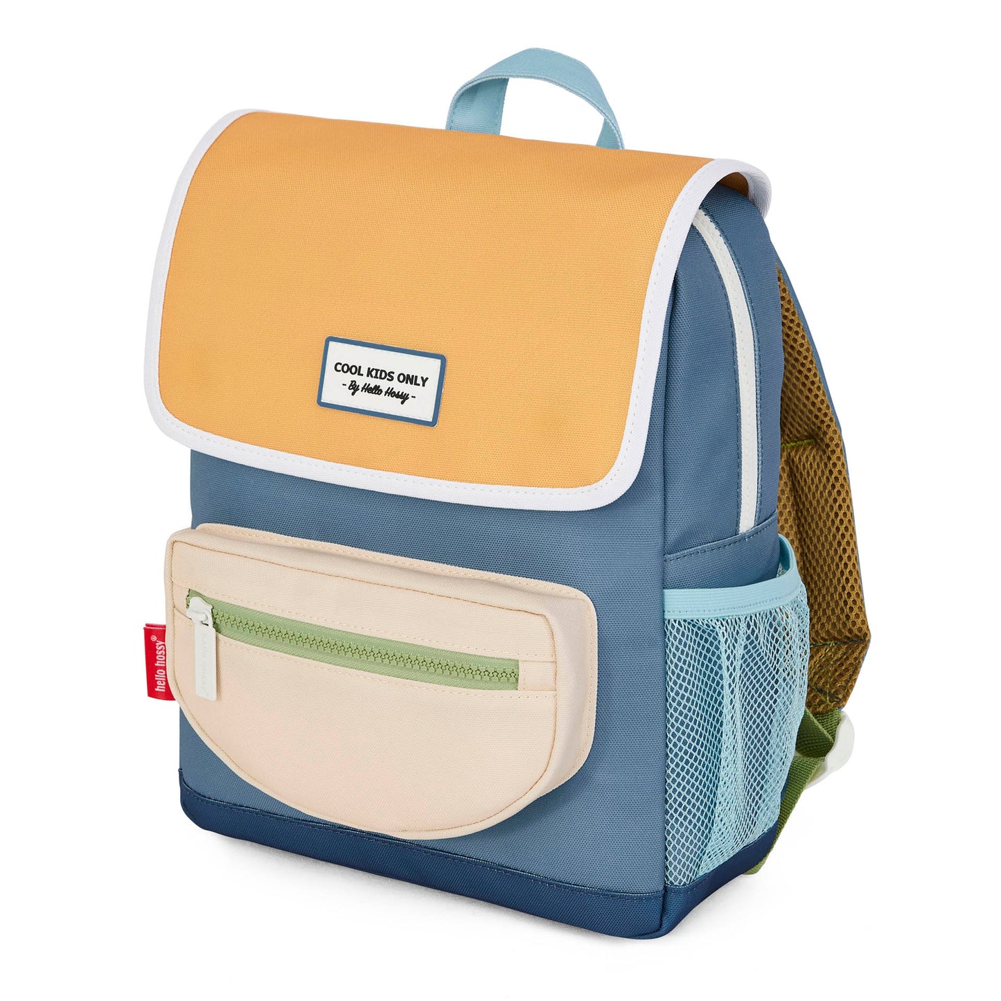 mochila infantil azul com aba laranja, bolso frontal bege e rede azul Hello Hossy