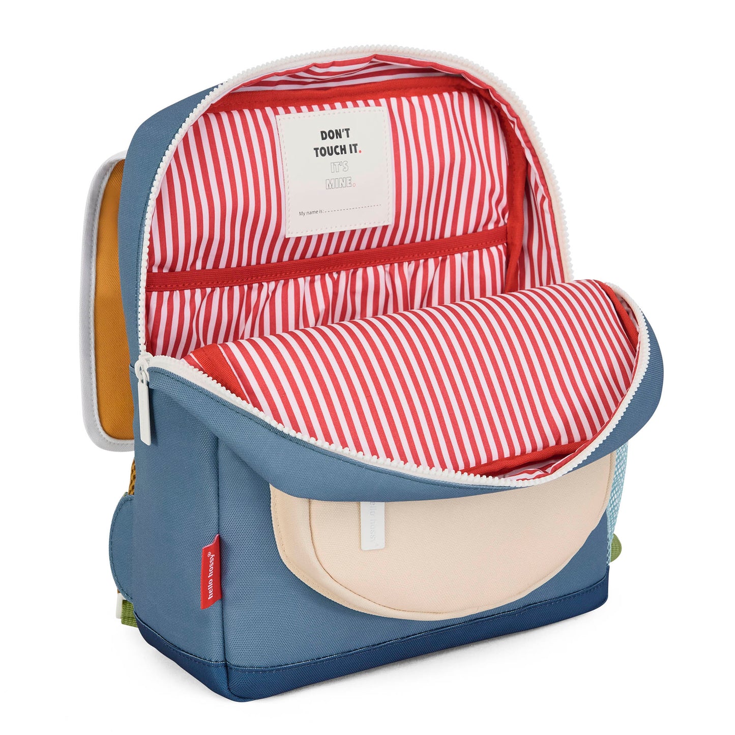 Mochila infantil azul com bolso bege e interior às riscas vermelho e branco Hello Hossy