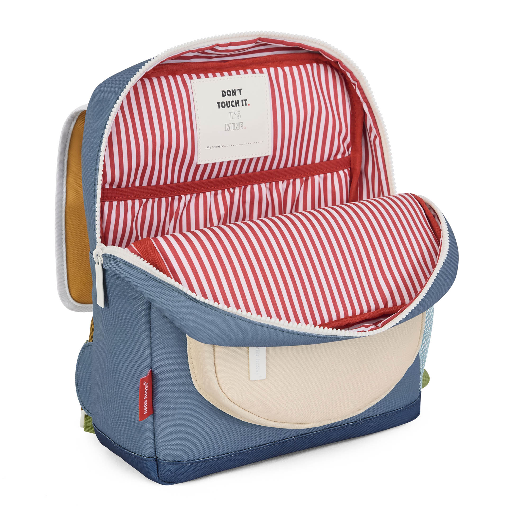Mochila infantil azul com bolso bege e interior às riscas vermelho e branco Hello Hossy