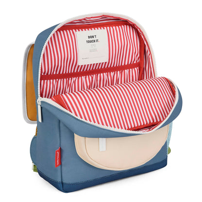 Mochila infantil azul com bolso bege e interior às riscas vermelho e branco Hello Hossy