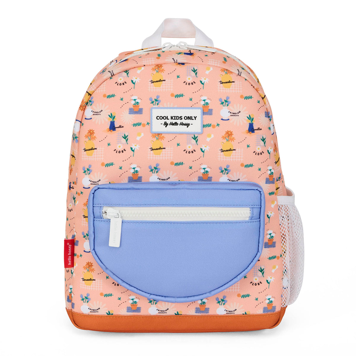 Mochila infantil rosa com estampado de flores, bolso azul e acabamento em couro Hello Hossy