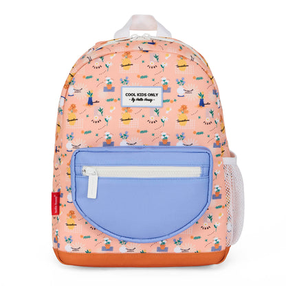 Mochila infantil rosa com estampado de flores, bolso azul e acabamento em couro Hello Hossy