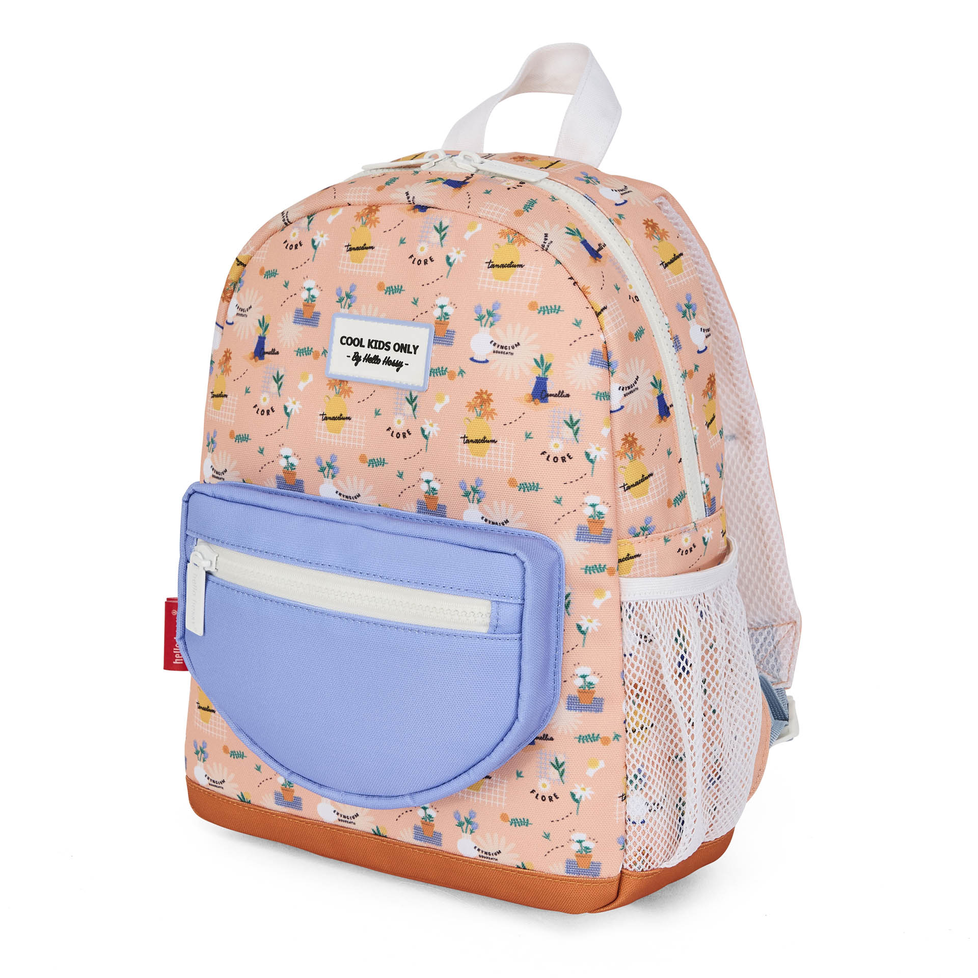 Mochila para criança rosa com estampado de flores, bolso azul e rede branca, Hello Hossy