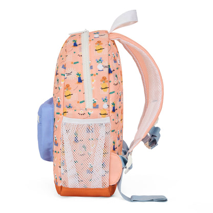 Mochila infantil rosa com estampado de flores e bolso em rede azul Hello Hossy