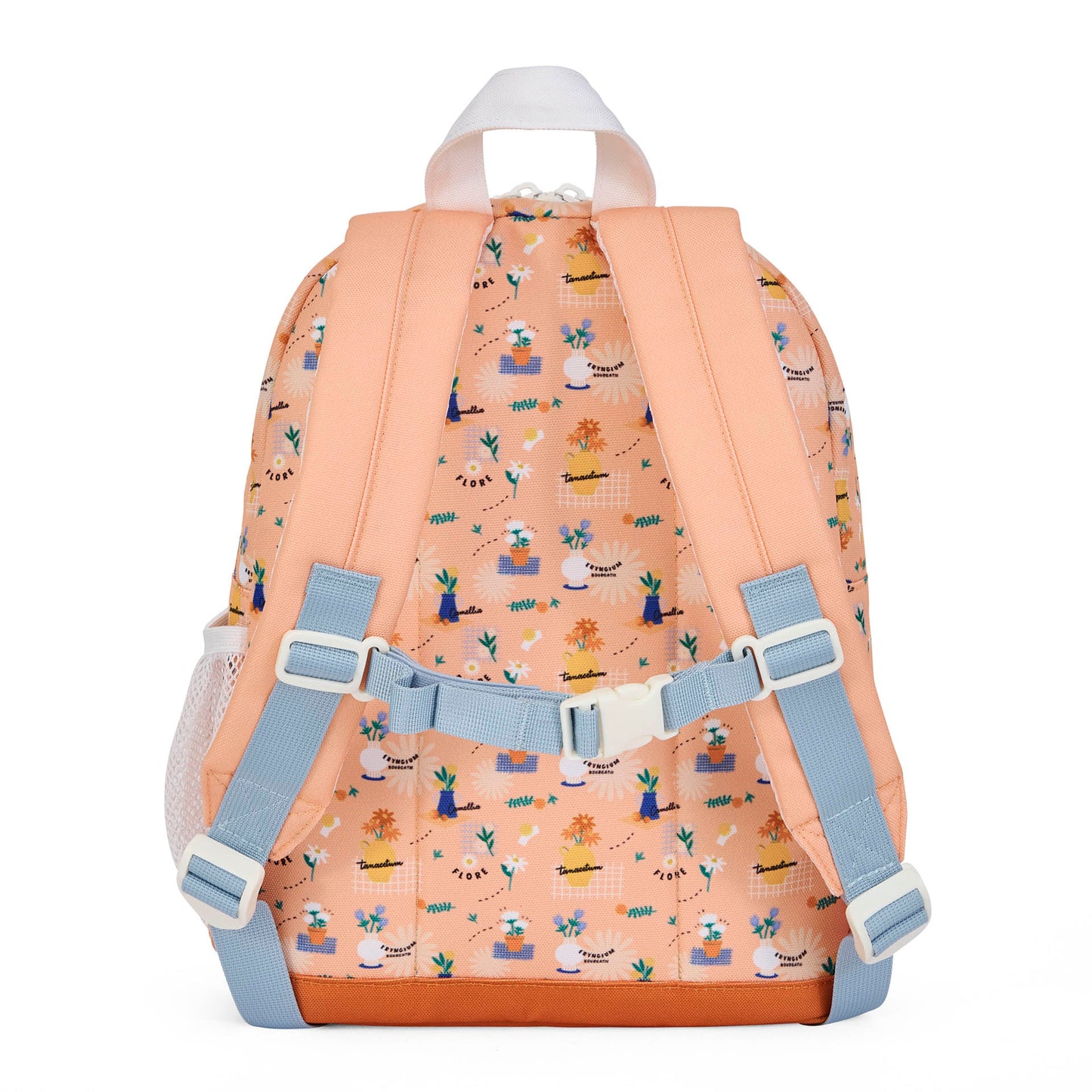 Mochila infantil rosa com estampado de flores e alças azuis Hello Hossy