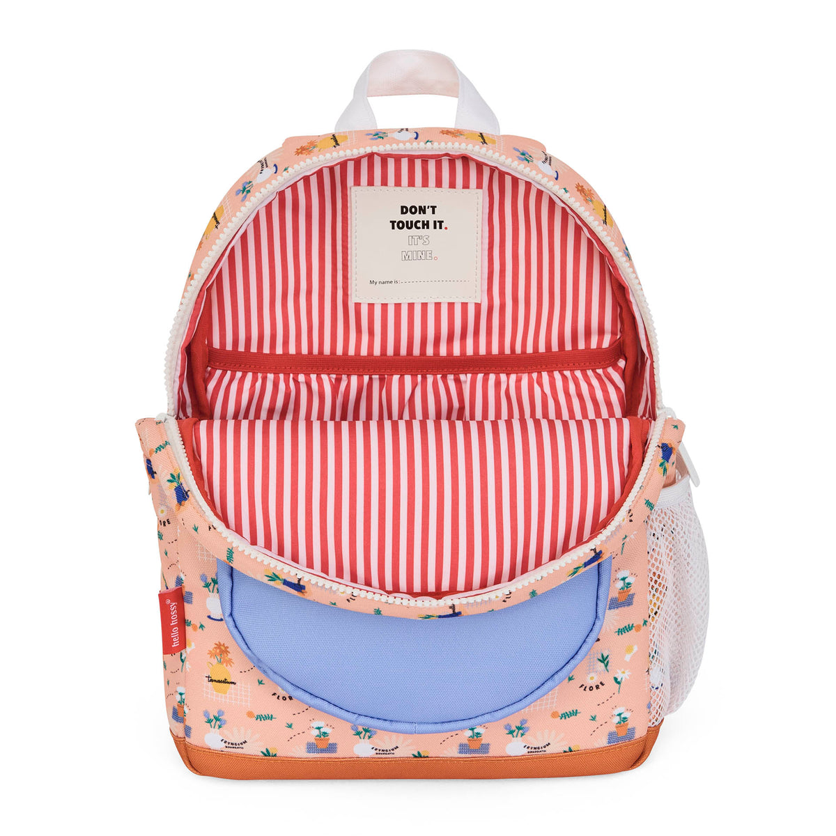 Mochila infantil rosa com padrão de flores e interior às riscas vermelho e branco Hello Hossy
