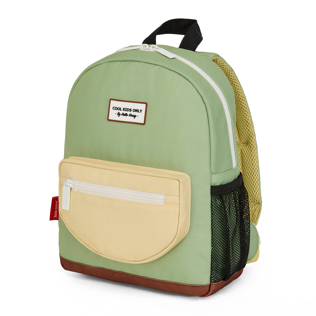 Mochila infantil verde com bolso bege, base castanha, patch Cool Kids Only Hello Hossy