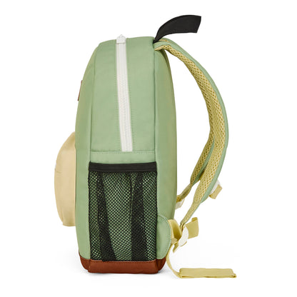 Mochila infantil verde com bolso em rede preto e base castanha Hello Hossy