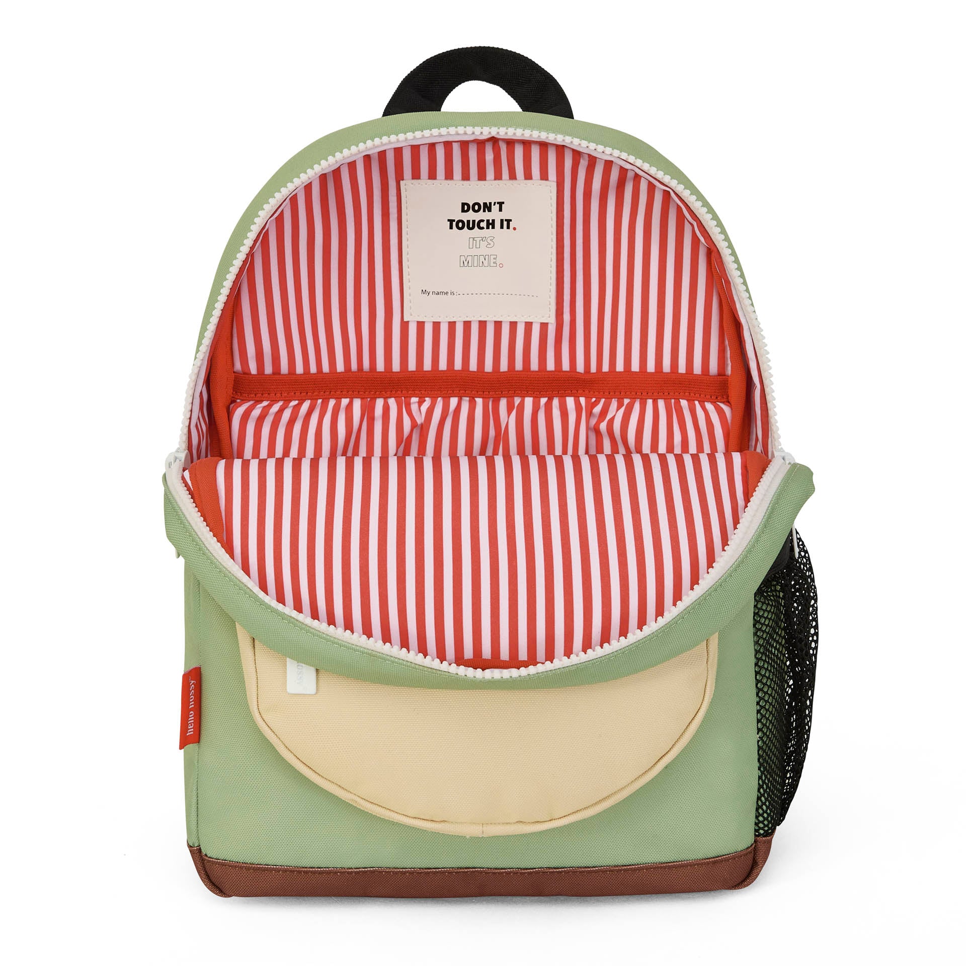 Mochila infantil verde com interior às riscas vermelho, bolso bege e base castanho Hello Hossy