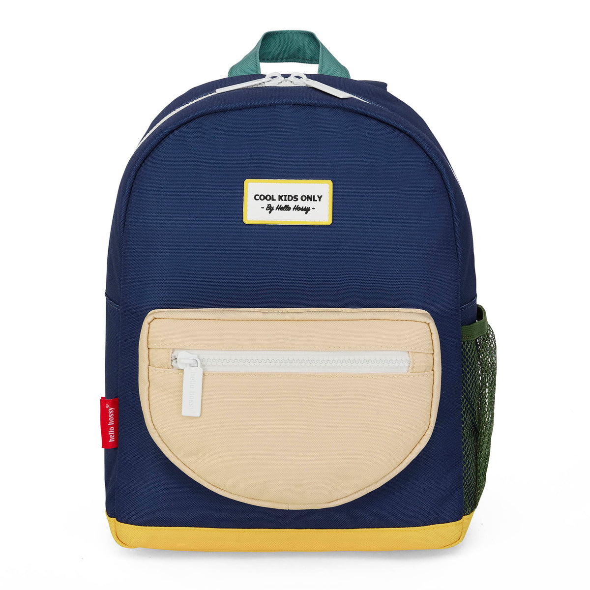 Mochila infantil azul, bolso bege, base amarela, rede verde, patch com texto Hello Hossy