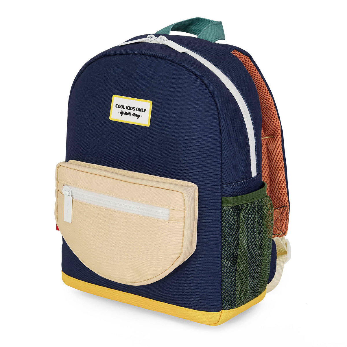 Mochila infantil azul, bolso bege, base amarela, rede verde, patch Cool Kids Only Hello Hossy
