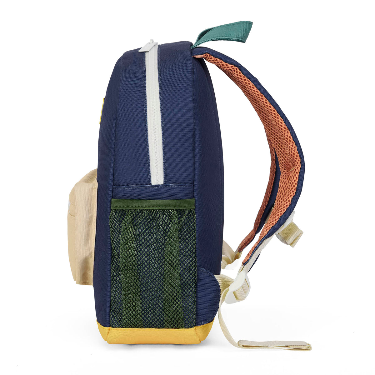Mochila infantil azul com bolso em rede verde, base amarela e alças laranja Hello Hossy