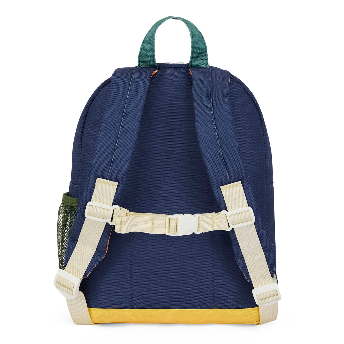 Mochila infantil azul, detalhe verde, alças bege, base amarela Hello Hossy