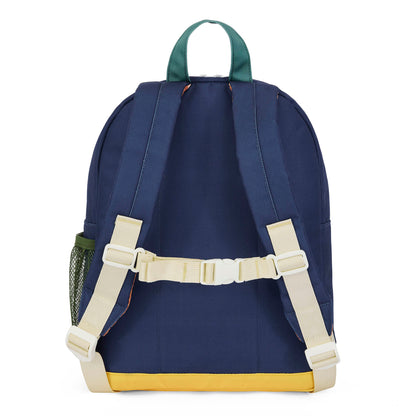 Mochila infantil azul, detalhe verde, alças bege, base amarela Hello Hossy