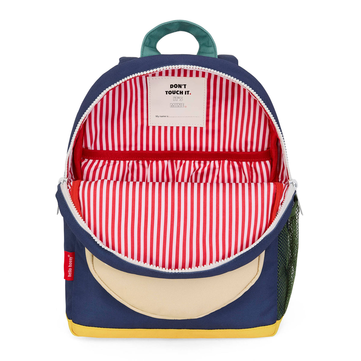 Mochila infantil azul, bolso bege, base amarela e interior às riscas vermelhas Hello Hossy