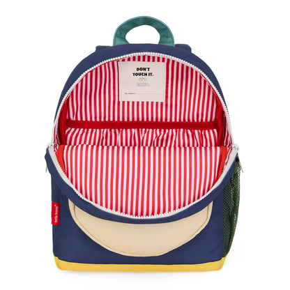 Mochila infantil azul, bolso bege, base amarela e interior às riscas vermelhas Hello Hossy