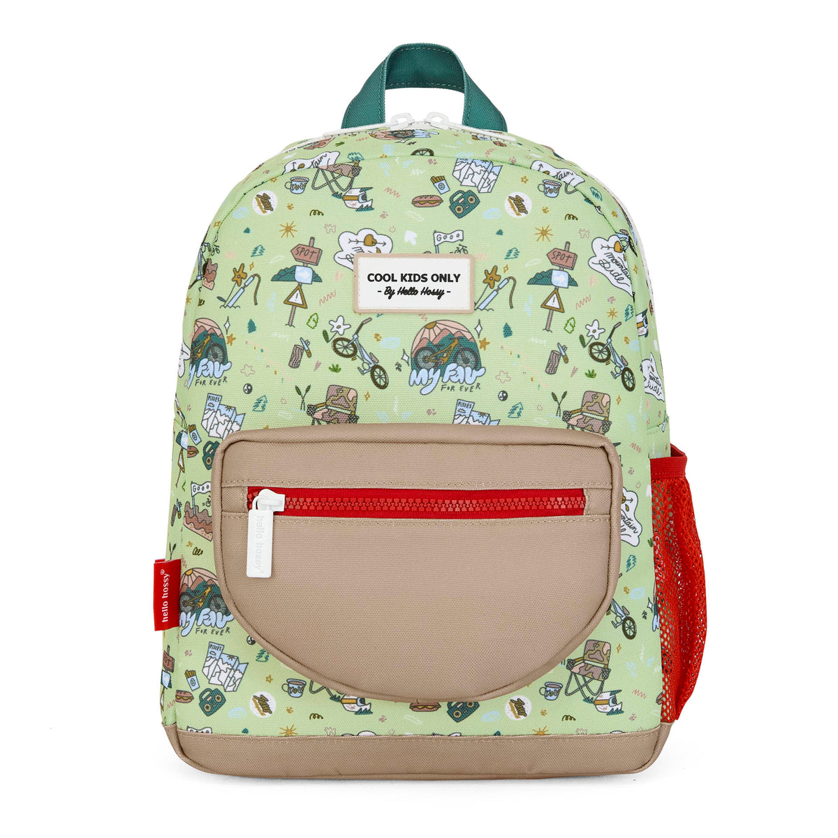 Mochila infantil verde com motivo de patches, bolso bege e rede vermelha Hello Hossy