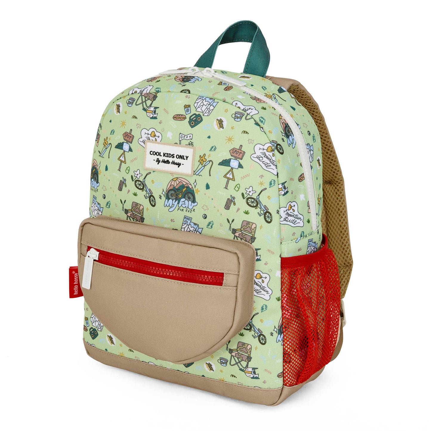Mochila infantil verde com padrão de viagem e bicicleta, bolso bege e rede vermelha Hello Hossy