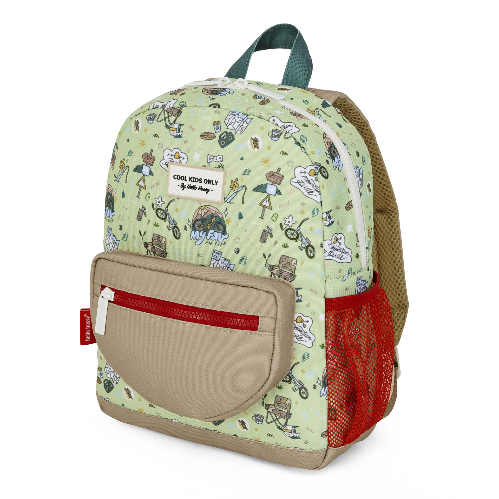 Mochila infantil verde com padrão de viagem e bicicleta, bolso bege e rede vermelha Hello Hossy