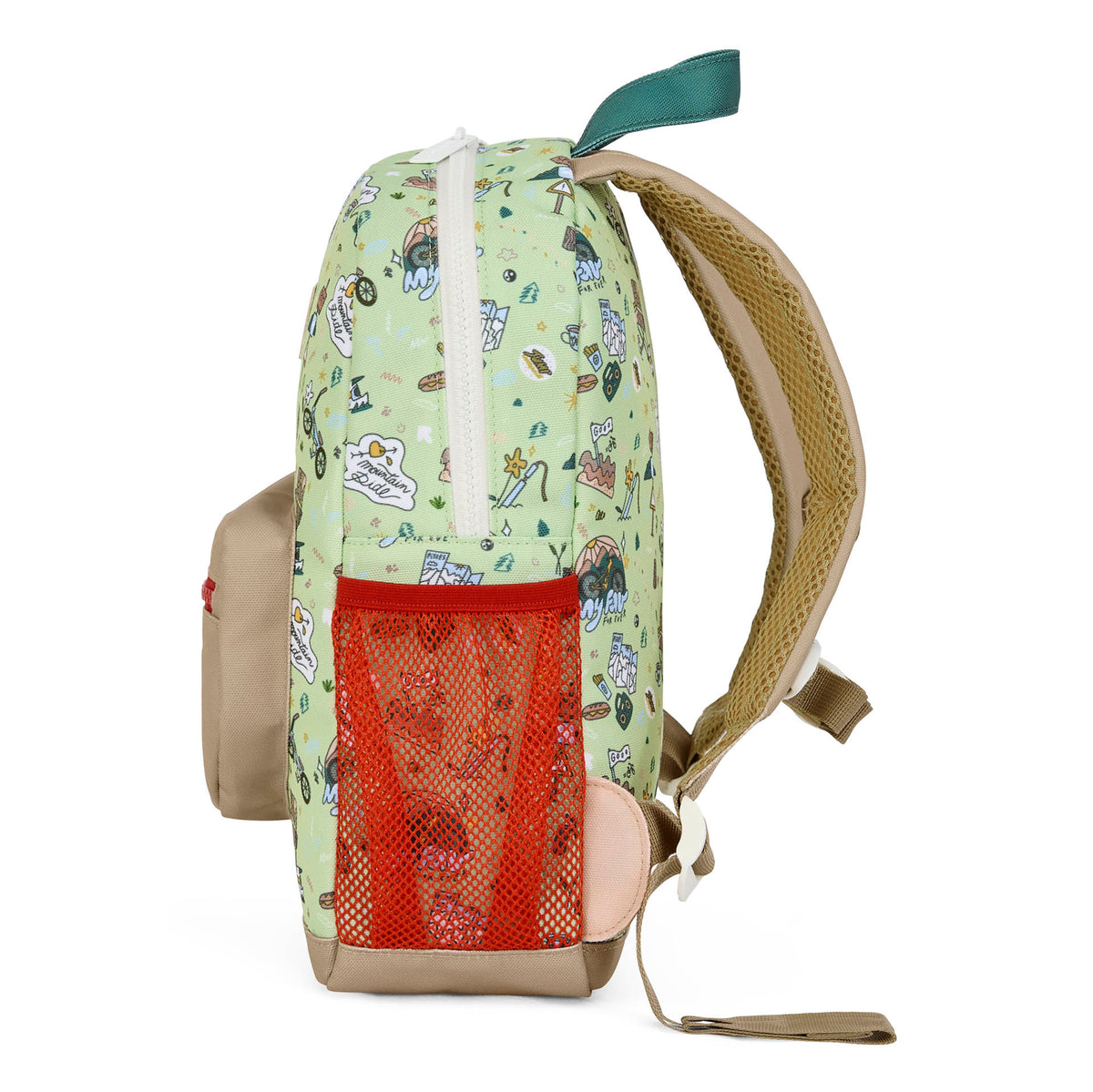 Mochila infantil verde com padrão de viagem e bicicleta, bolso em rede vermelho Hello Hossy