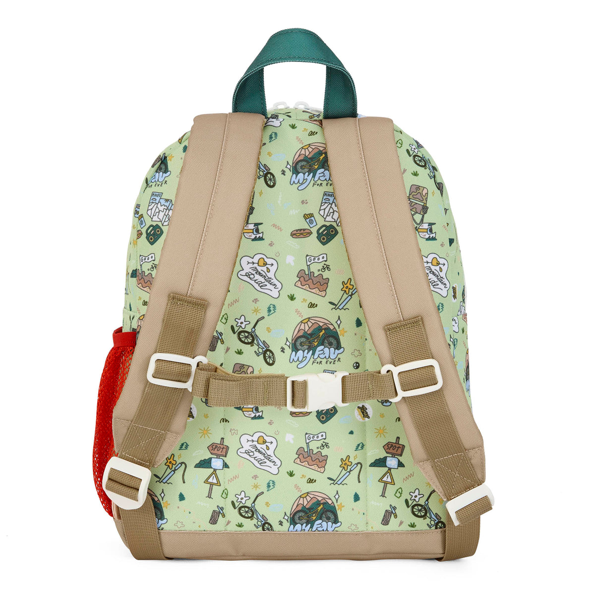 Mochila infantil verde com padrão de viagem e bicicleta, detalhe das alças Hello Hossy