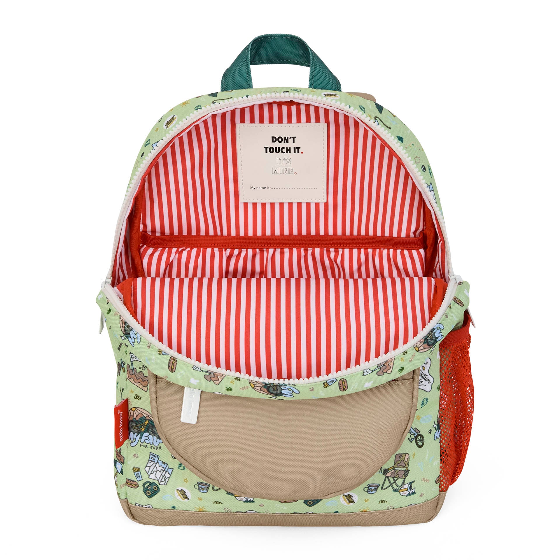 Mochila infantil verde com padrões de viagem e bicicleta, interior às riscas vermelhas Hello Hossy