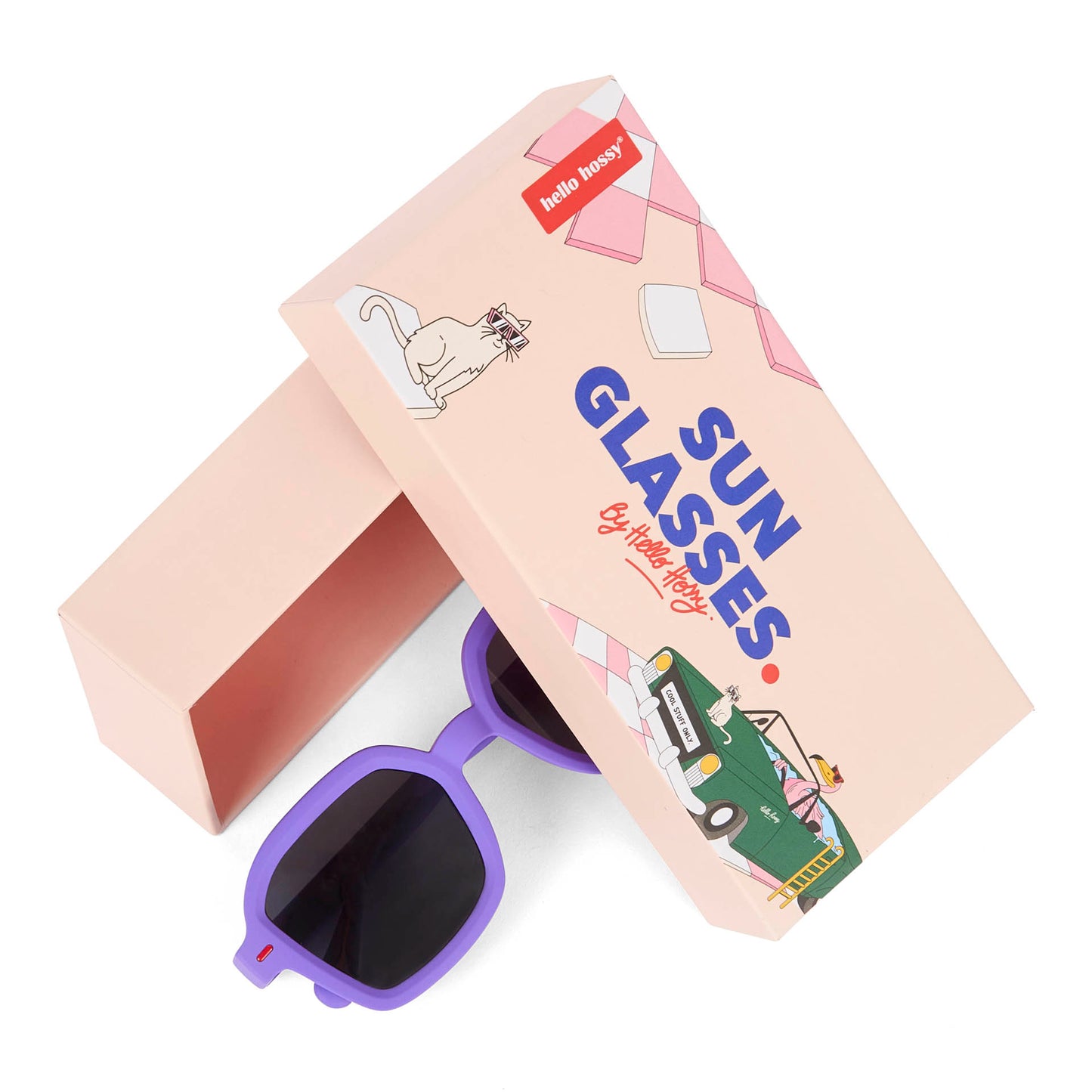 Óculos de sol para criança violeta, formato quadrado, com embalagem Hello Hossy