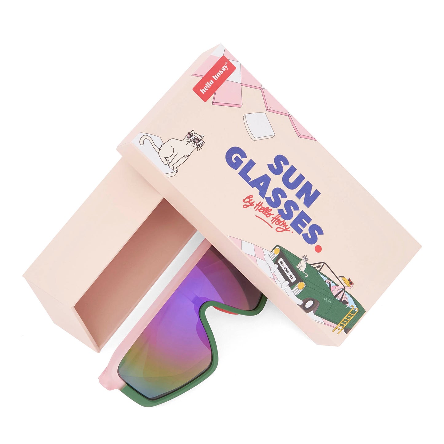 Óculos de sol infantis rosa e verde, formato máscara, com embalagem Hello Hossy