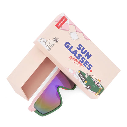 Óculos de sol infantis rosa e verde, formato máscara, com embalagem Hello Hossy