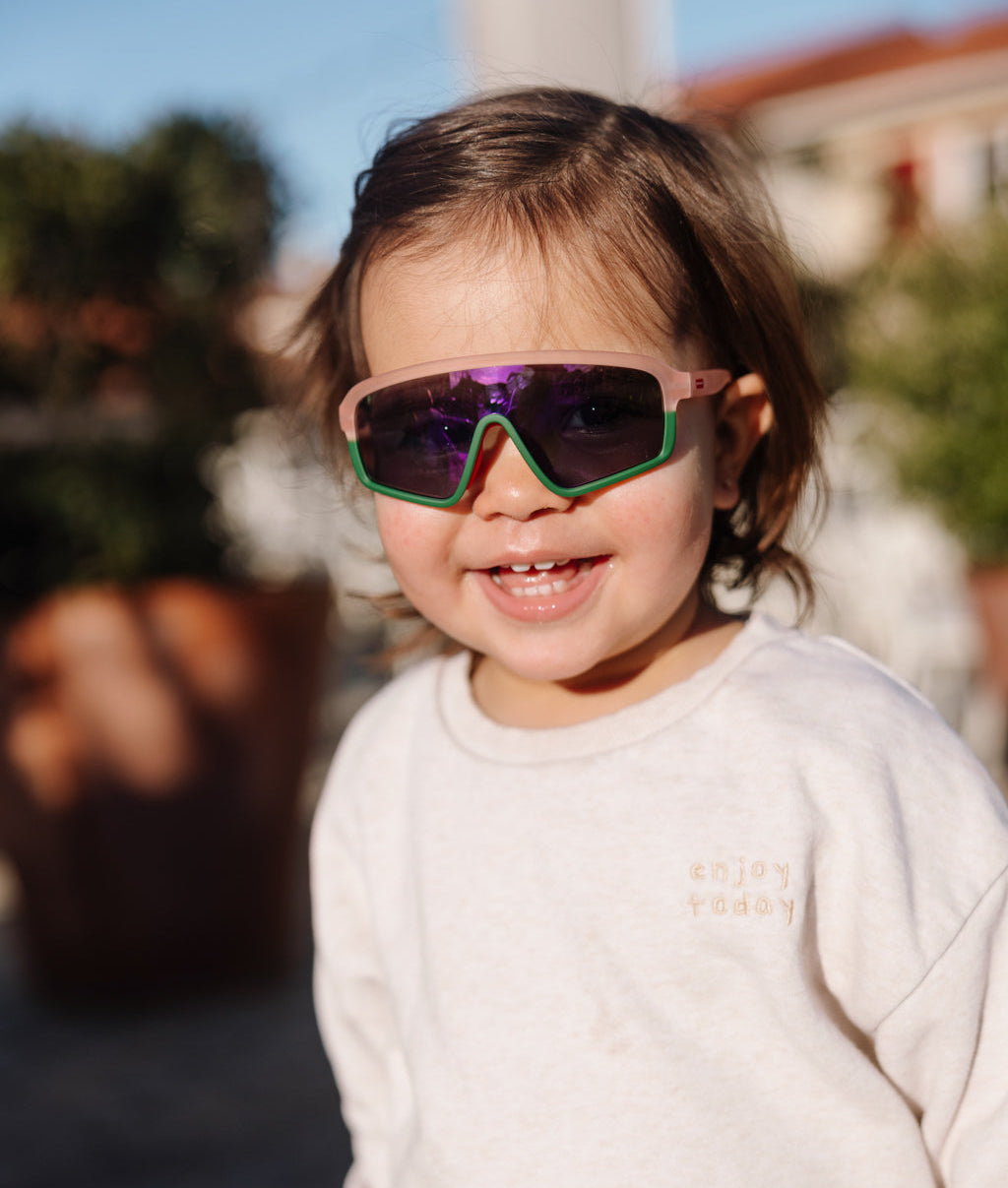 Óculos de sol para criança rosa e verdes, lentes escuras, estilo desportivo Hello Hossy