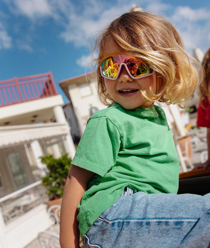 Óculos de sol infantis laranja, armação rosa, lentes espelhadas Hello Hossy
