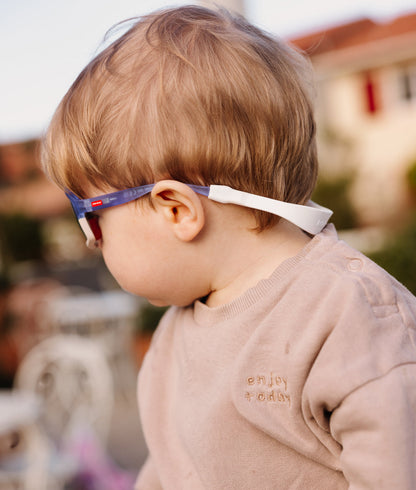 Óculos de sol infantis violeta e brancos, estilo desportivo, com tira traseira Hello Hossy
