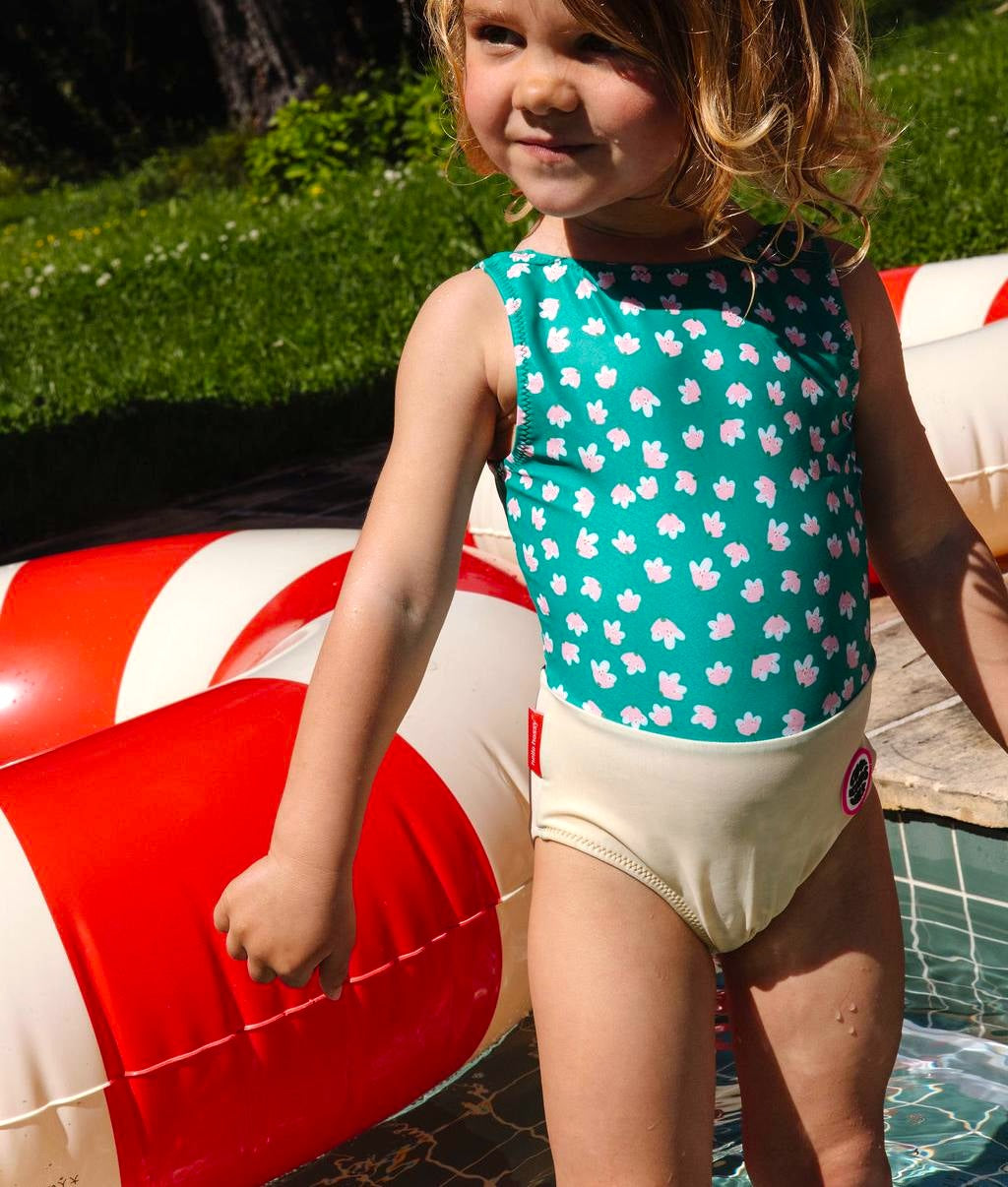 Fato de banho de menina verde, amarelo e rosa com estampado de flores, vestido Hello Hossy
