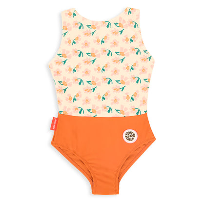 Fato de banho para menina rosa e laranja com estampado de flores, patch redondo, Cool Kids Only Hello Hossy