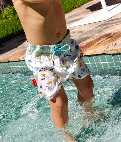 Fato de banho de menino bege e verde com estampado USA, cordão azul Hello Hossy