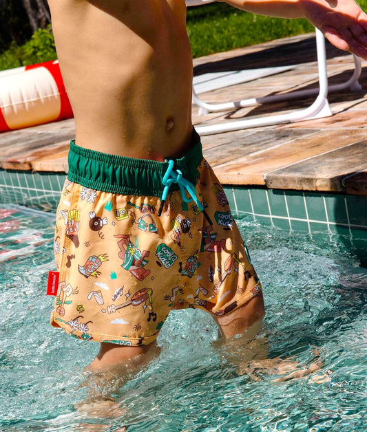 Fato de banho menino Camel e verde com estampado de música e cordão azul Hello Hossy