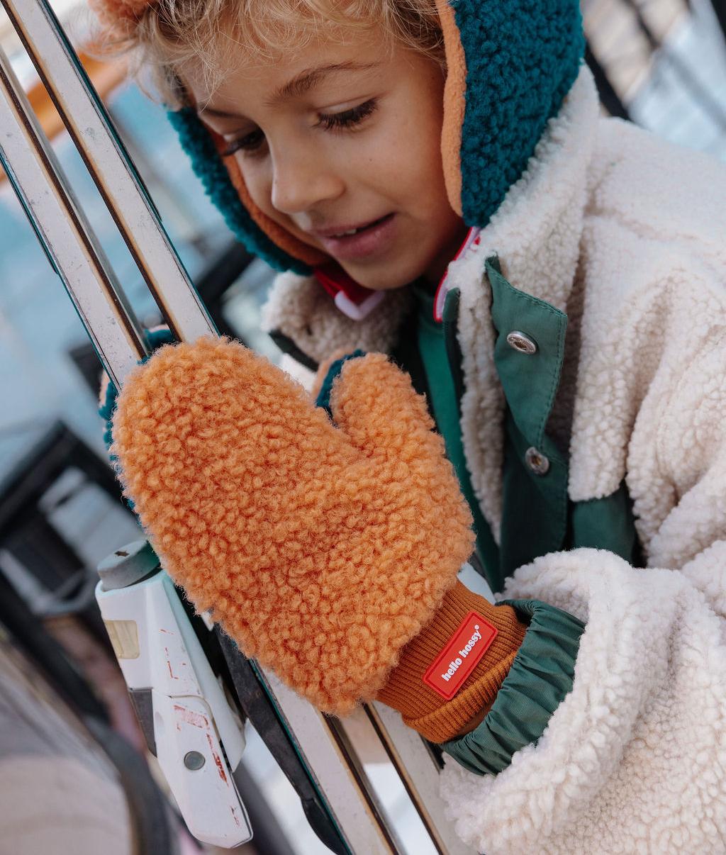 Luvas-múfla infantis com efeito sherpa Camel e forro polar, Hello Hossy
