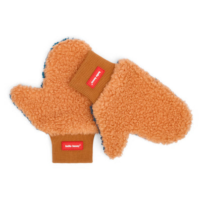 Luvas-múfla infantis Camel com forro polar bicolor e etiqueta vermelha Hello Hossy