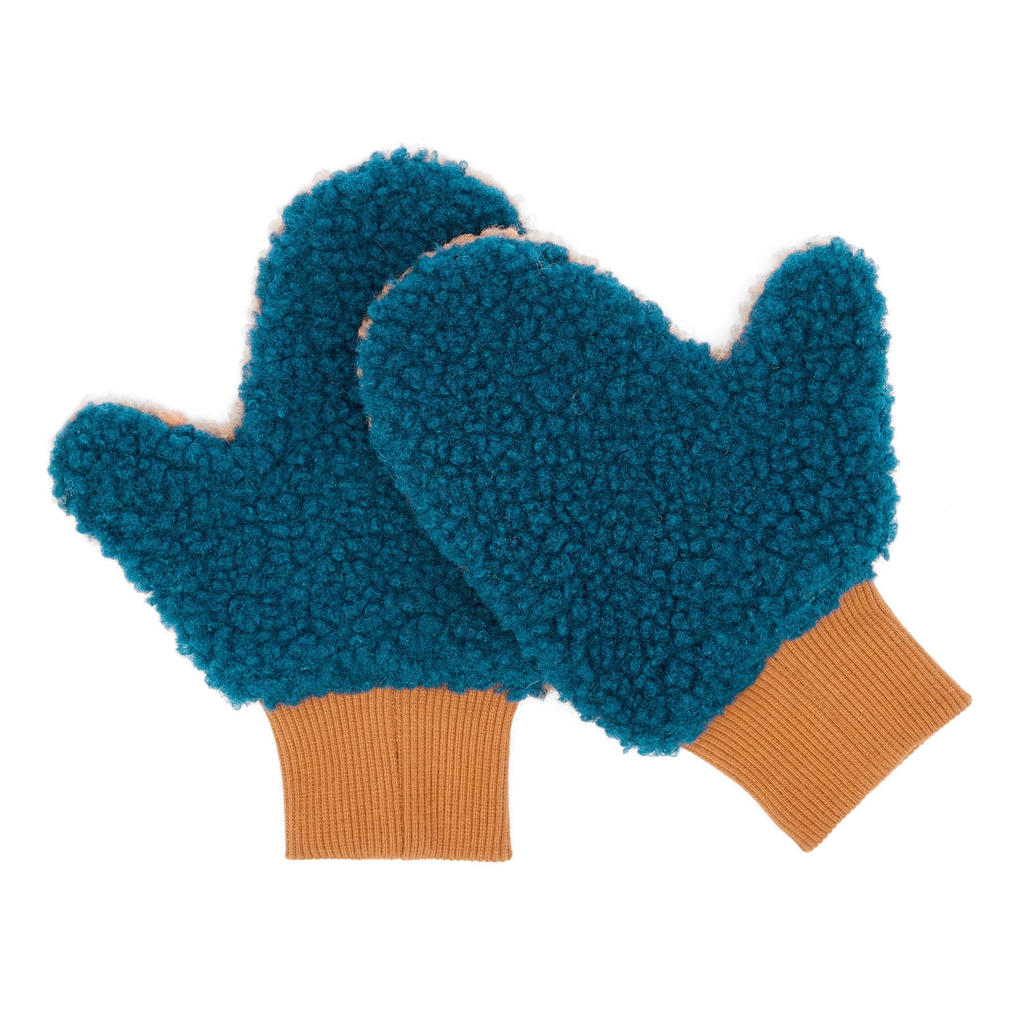 Luvas-múfla infantis azuis com efeito sherpa, punhos Camel Hello Hossy