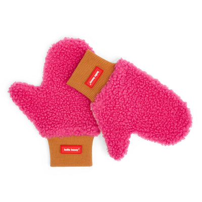Luvas-múfla rosa para criança, rebordo canelado Camel, etiqueta vermelha, Hello Hossy