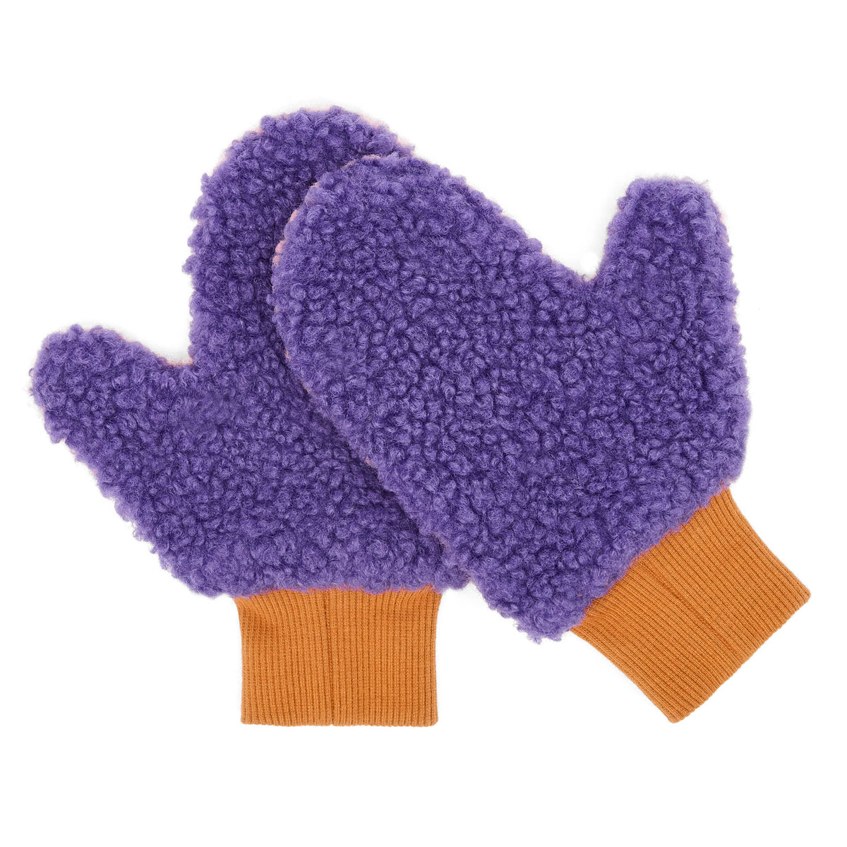 Luvas-múfla infantis violetas com efeito sherpa, punho laranja Hello Hossy