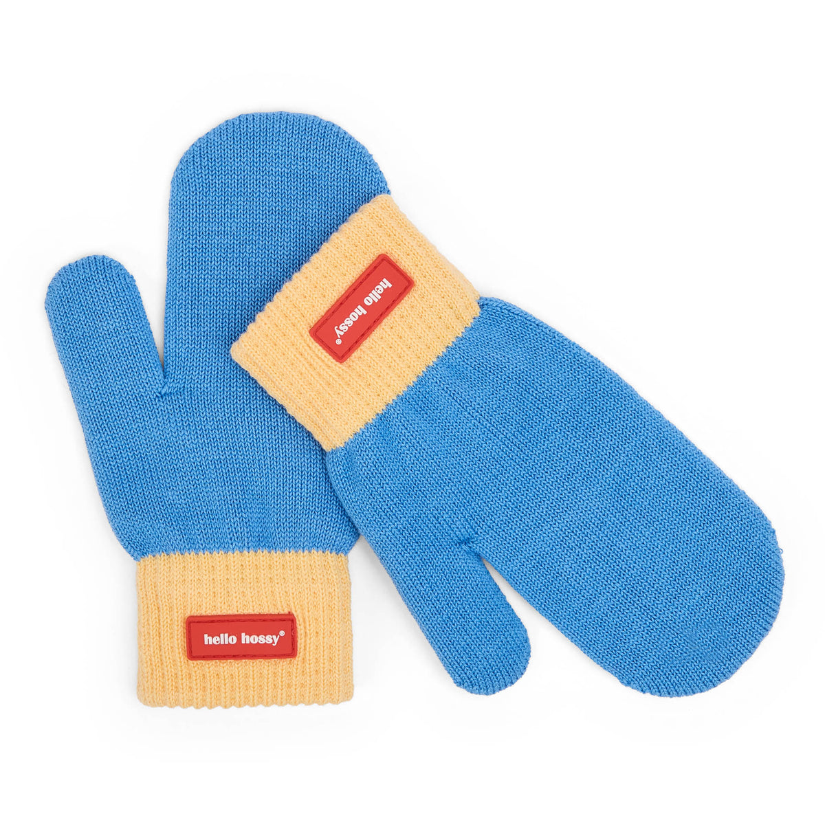 Luvas-múfla para criança azul e bege, etiqueta vermelha Hello Hossy
