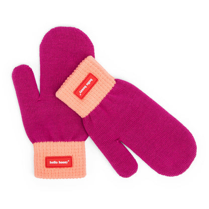 Luvas-múfla violeta para criança, rebordo laranja, etiqueta vermelha Hello Hossy