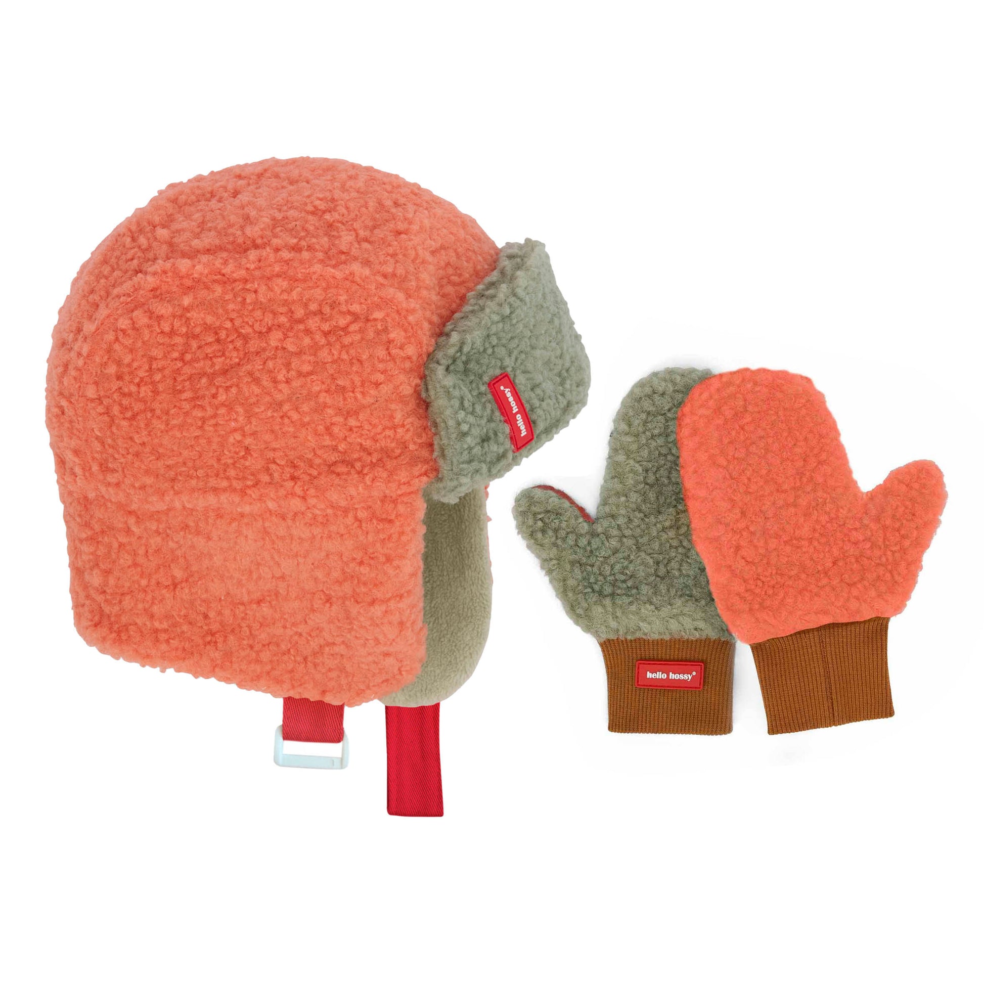 Gorro russo infantil laranja e verde com efeito sherpa e luvas-múfla a combinar Hello Hossy