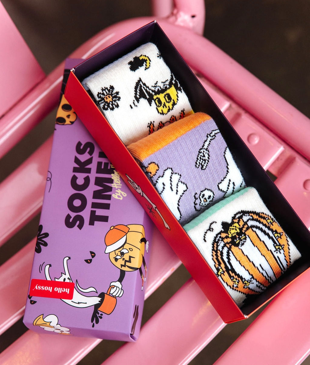 Pack de meias infantis com padrões Halloween branco, violeta e laranja Hello Hossy