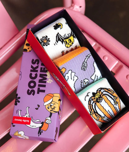 Pack de meias infantis com padrões Halloween branco, violeta e laranja Hello Hossy