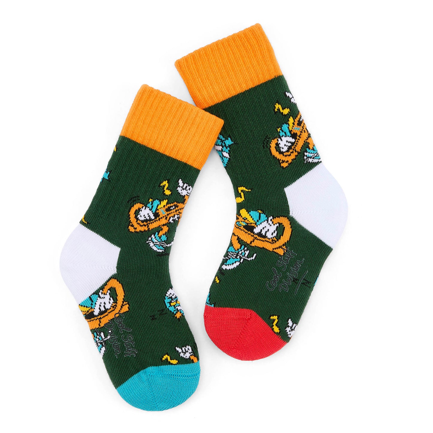 Meias verdes para criança com padrão de música, calcanhar vermelho e azul Hello Hossy