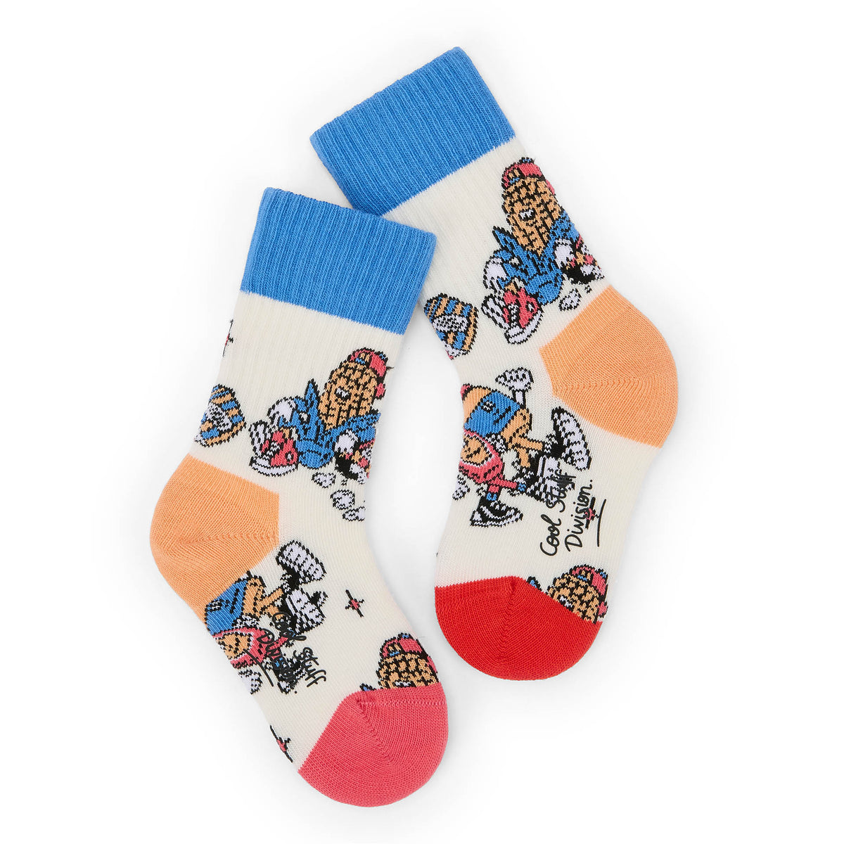 Meias infantis com padrão de mascote azul, vermelho e laranja Hello Hossy