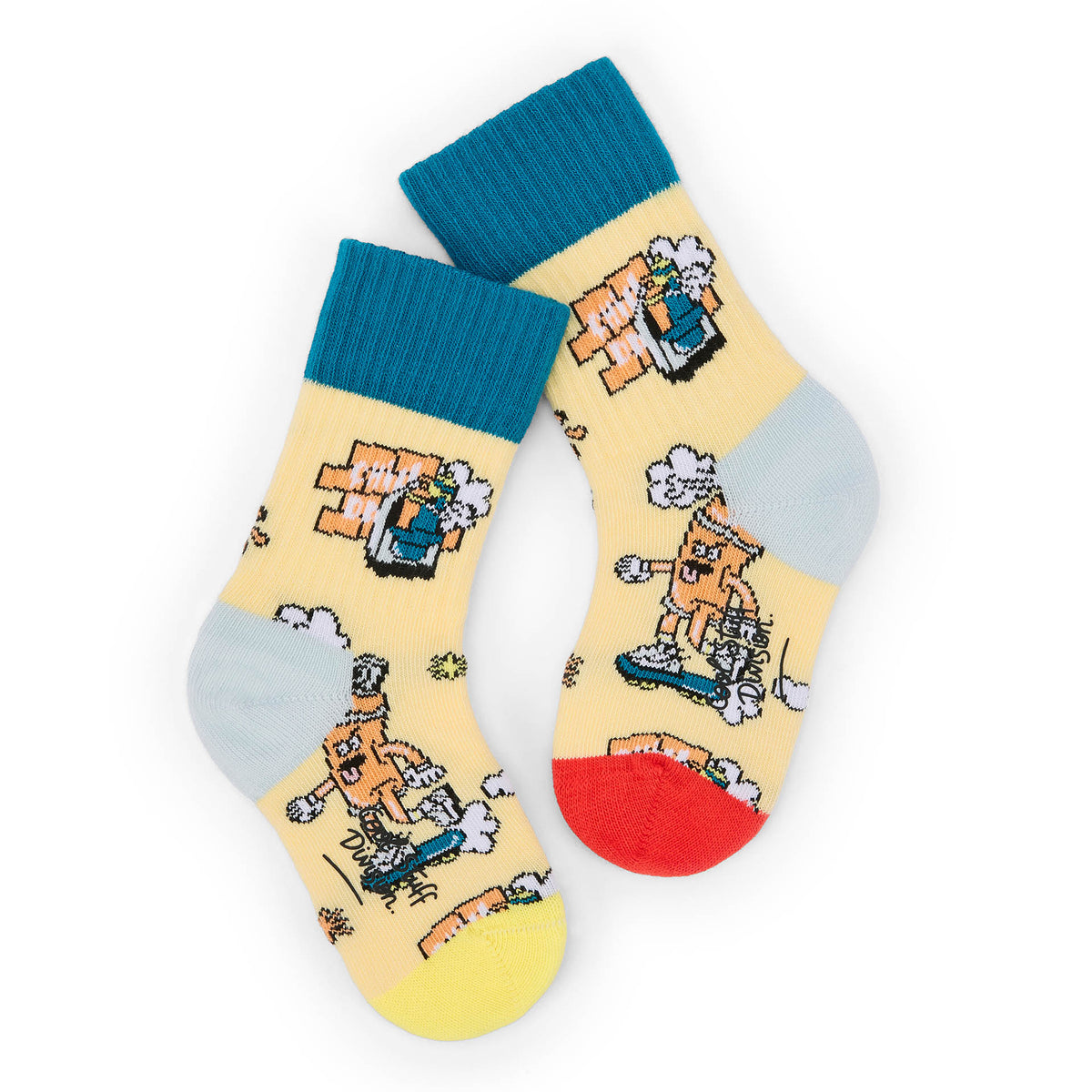 Meias infantis amarelas, estampado desporto, calcanhar azul e vermelho Hello Hossy